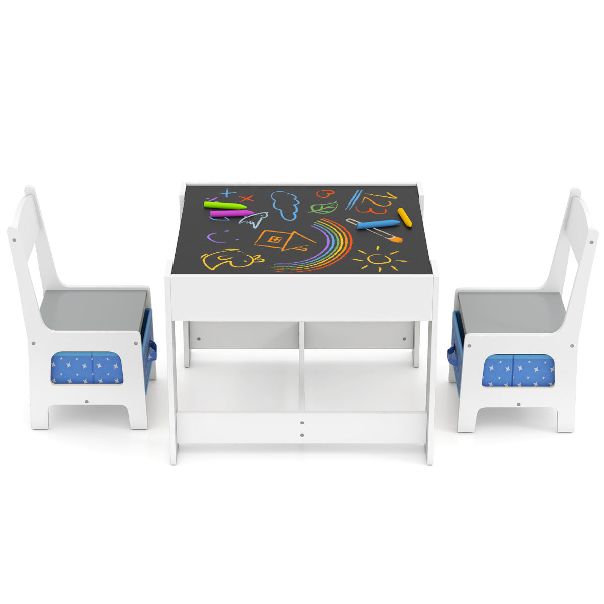 Kids Table Chair Set with Double Side Tabletop Table and Storage Box-Navy