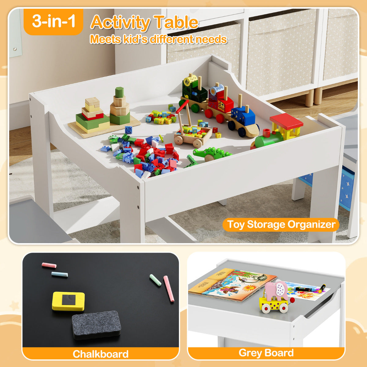 Kids Table Chair Set with Double Side Tabletop Table and Storage Box-Navy