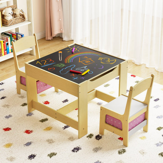 Kids Table Chair Set with Double Side Tabletop Table and Storage Box-Light Pink