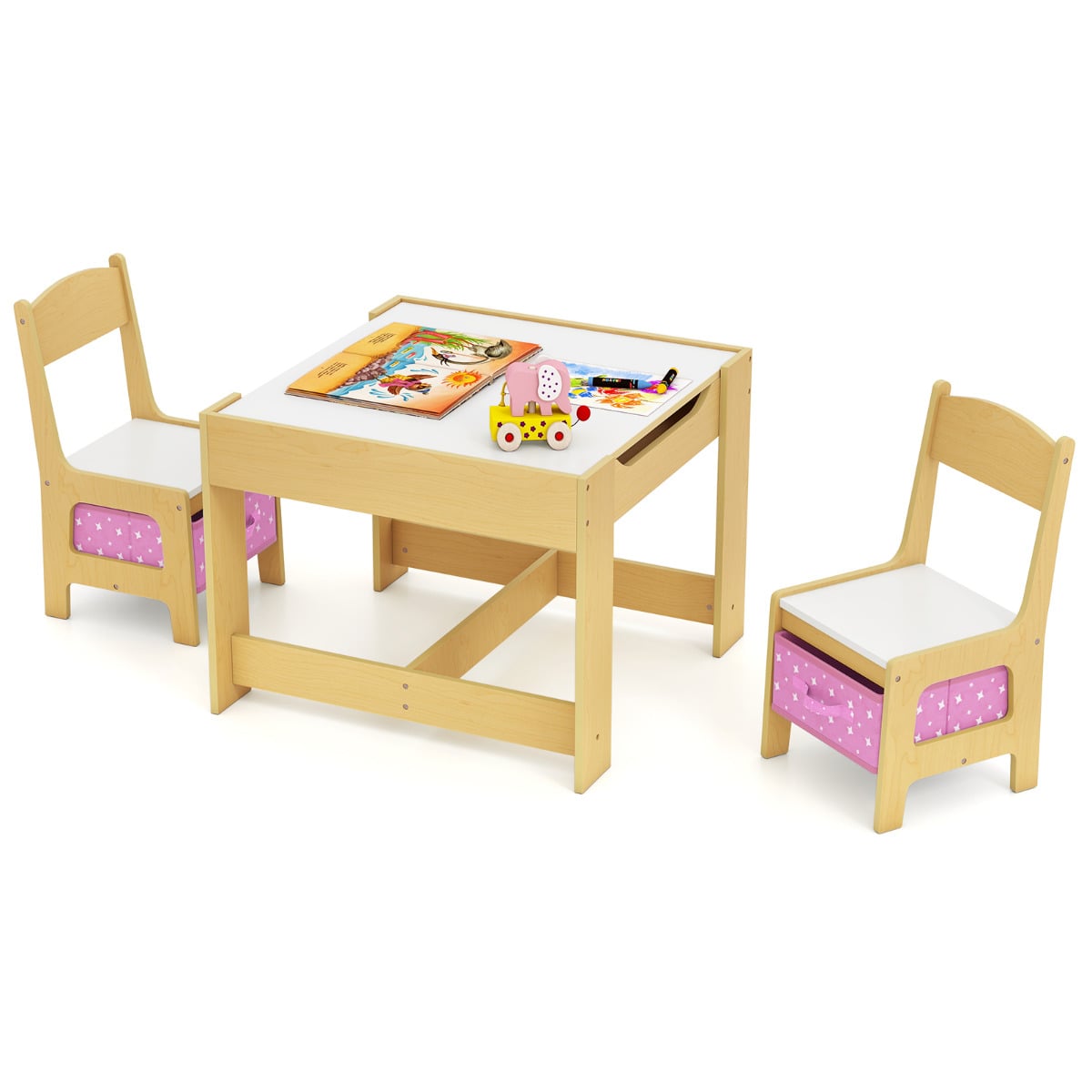 Kids Table Chair Set with Double Side Tabletop Table and Storage Box-Light Pink