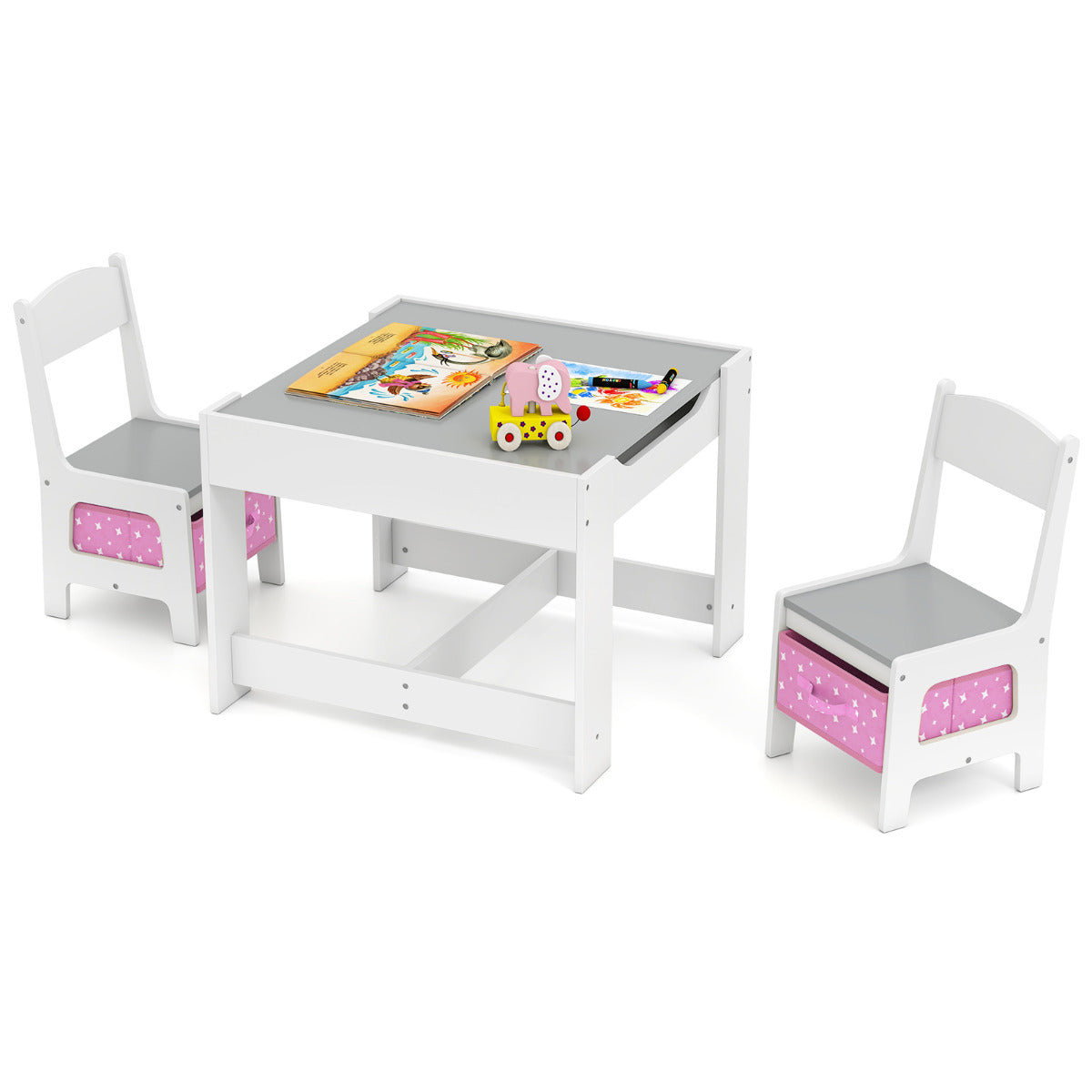 Kids Table Chair Set with Double Side Tabletop Table and Storage Box-Pink & Grey