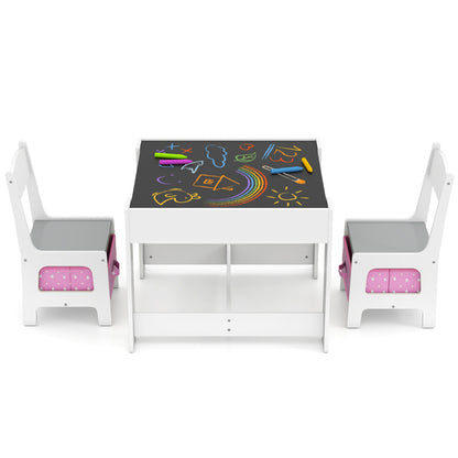 Kids Table Chair Set with Double Side Tabletop Table and Storage Box-Pink & Grey