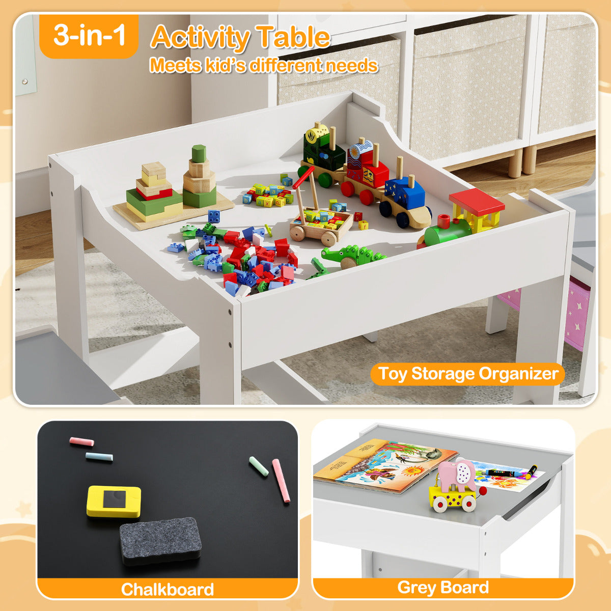 Kids Table Chair Set with Double Side Tabletop Table and Storage Box-Pink & Grey