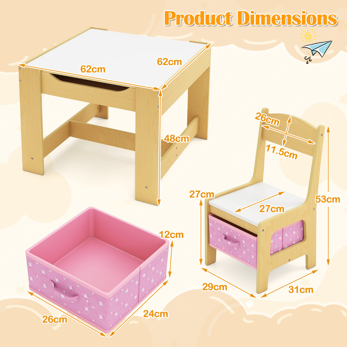 Kids Table Chair Set with Double Side Tabletop Table and Storage Box-Light Pink