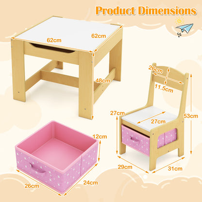 Kids Table Chair Set with Double Side Tabletop Table and Storage Box-Light Pink