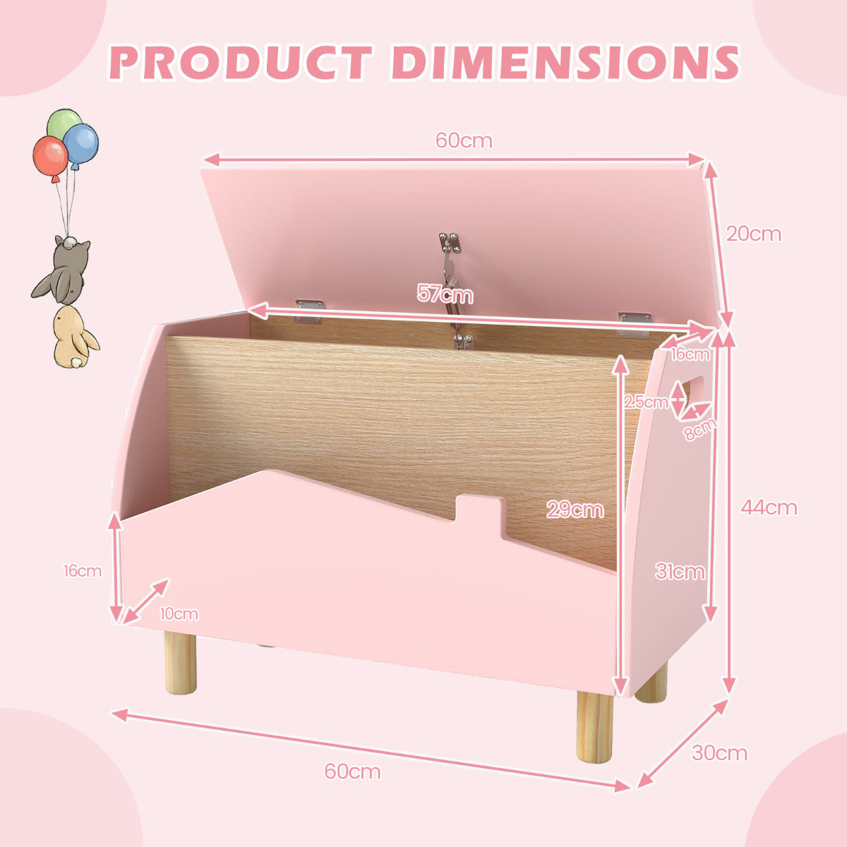Multifunctional Kids Toy Box with Safety Hinge for Playroom-Pink