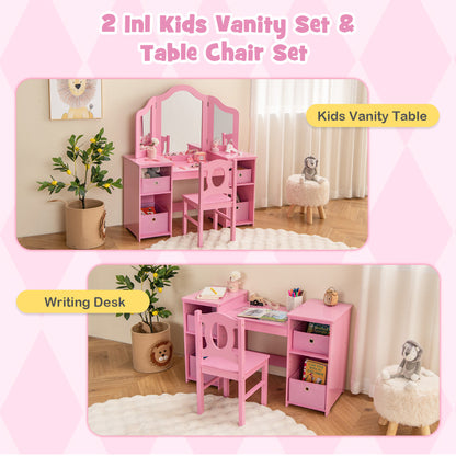 Kids Vanity Desk and Chair 2 in 1 Toddler Makeup Pretend Play Table-Pink