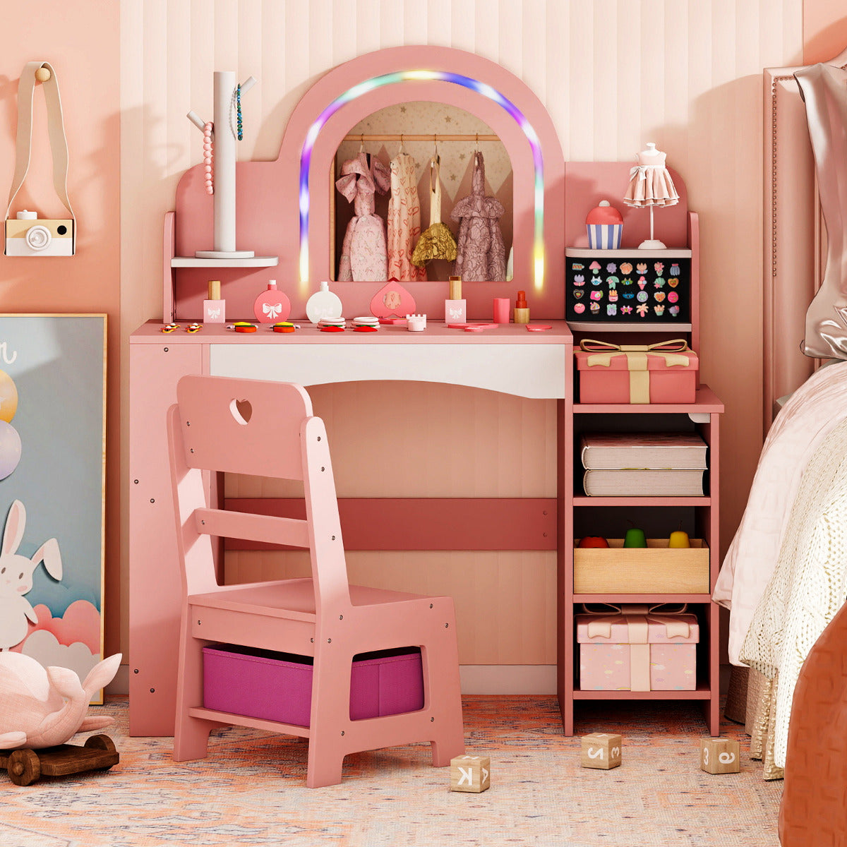 Kids Vanity Desk with Mirror and Open Storage Shelves-Pink
