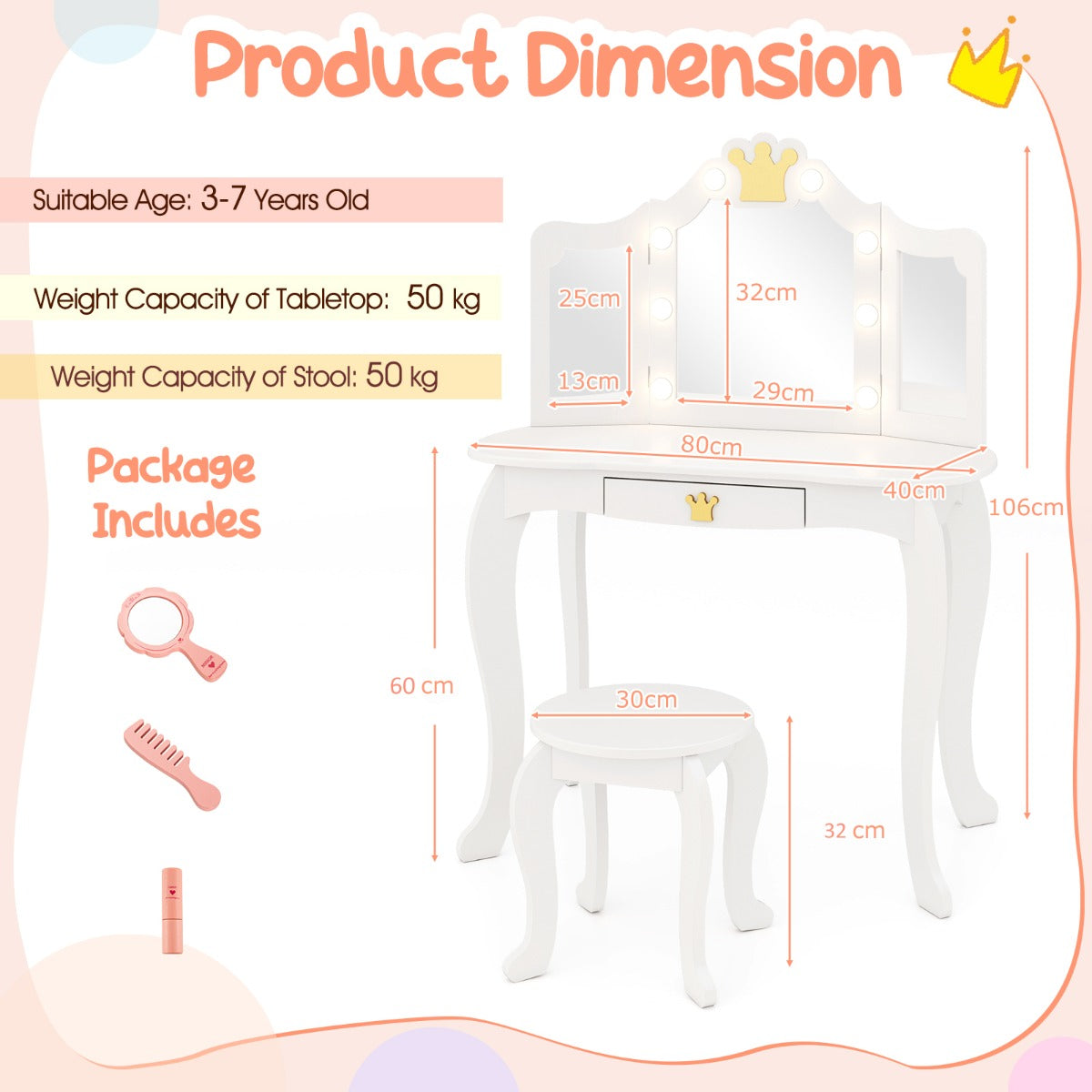 Kids Vanity Set with Lighted Mirror and Adjustable Brightness Pull-out Drawer and Stool-White