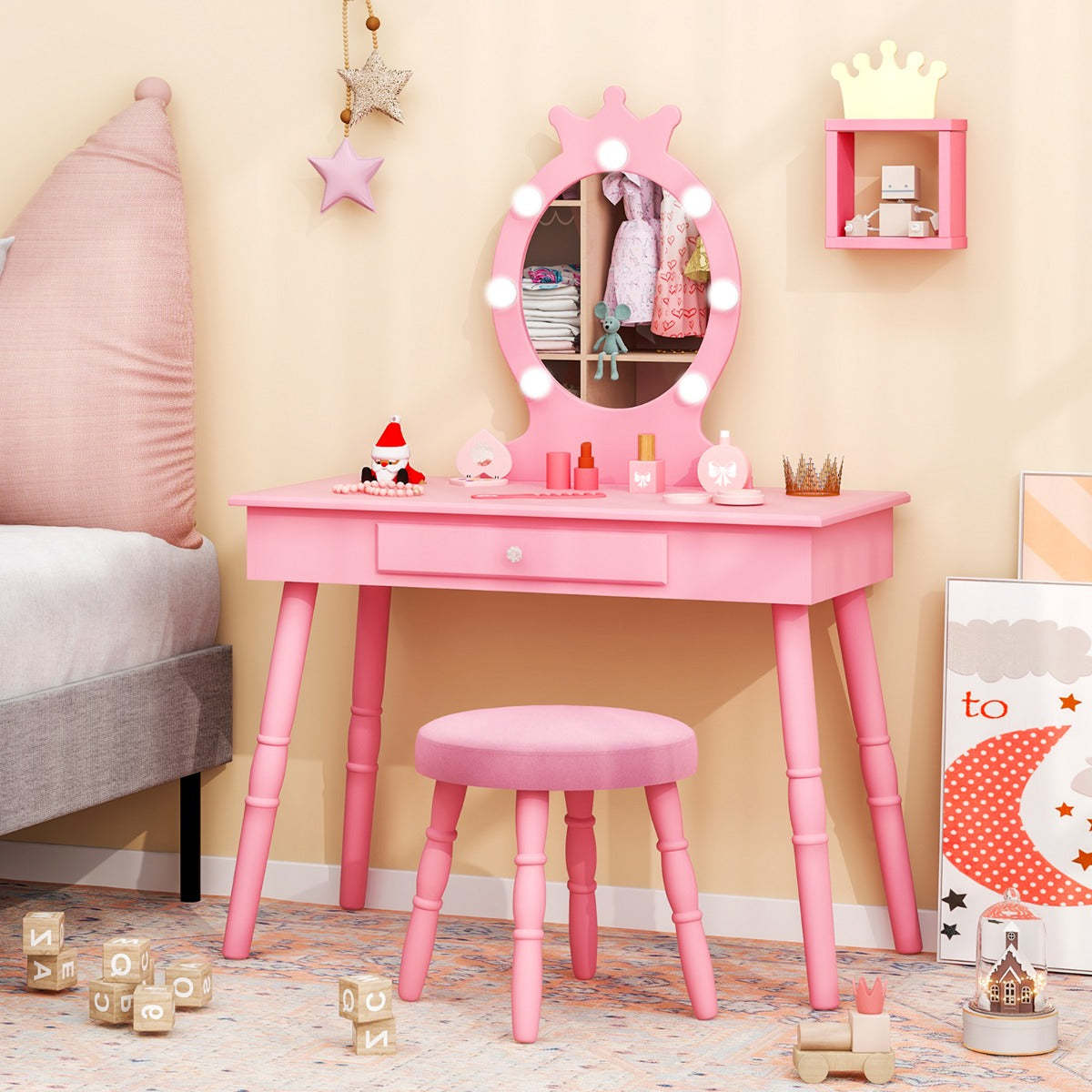 Kids Vanity Set with Lighted Mirror and Adjustable Brightness for Kids Aged 3-7 Years Old-Pink
