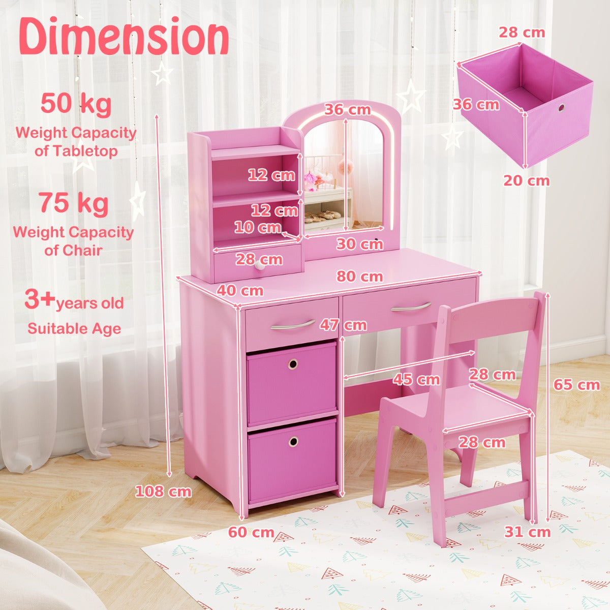Kids Vanity Set with Lighted Mirror and Storage Drawers-Pink