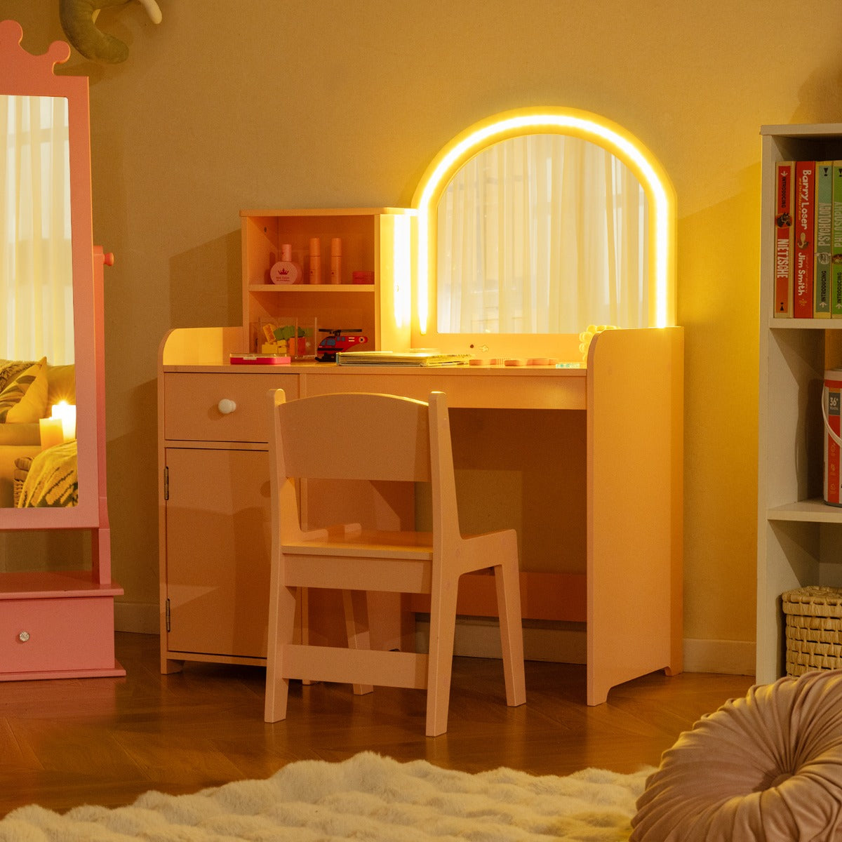 Kids Vanity Table and Chair Set with Shelves Drawer and Cabinet-Light Pink