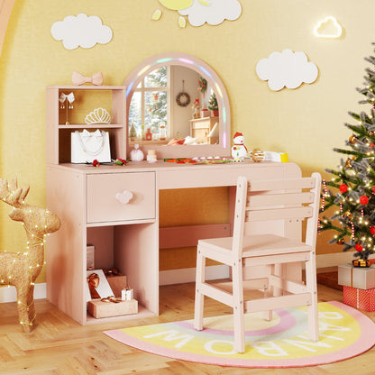 Kids Vanity Table and Chair Set with Lighted Mirror Open Storage Shelves-Pink