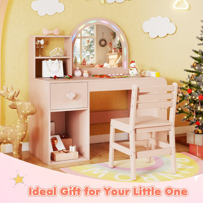 Kids Vanity Table and Chair Set with Lighted Mirror Open Storage Shelves-Pink