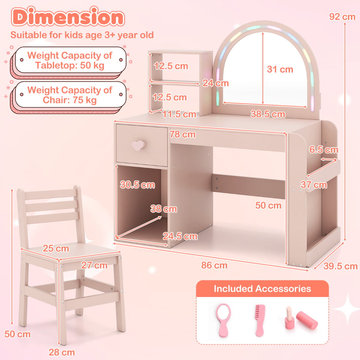 Kids Vanity Table and Chair Set with Lighted Mirror Open Storage Shelves-Pink