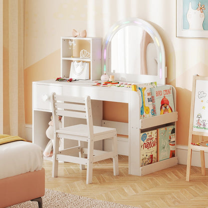 Kids Vanity Table and Chair Set with Lighted Mirror Open Storage Shelves-White