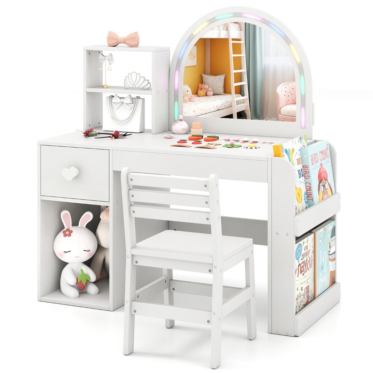Kids Vanity Table and Chair Set with Lighted Mirror Open Storage Shelves-White