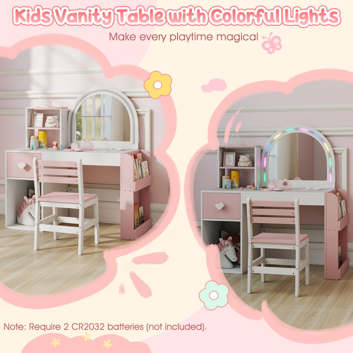 Kids Vanity Table and Chair Set with Lighted Mirror Open Storage Shelves-Pink & White