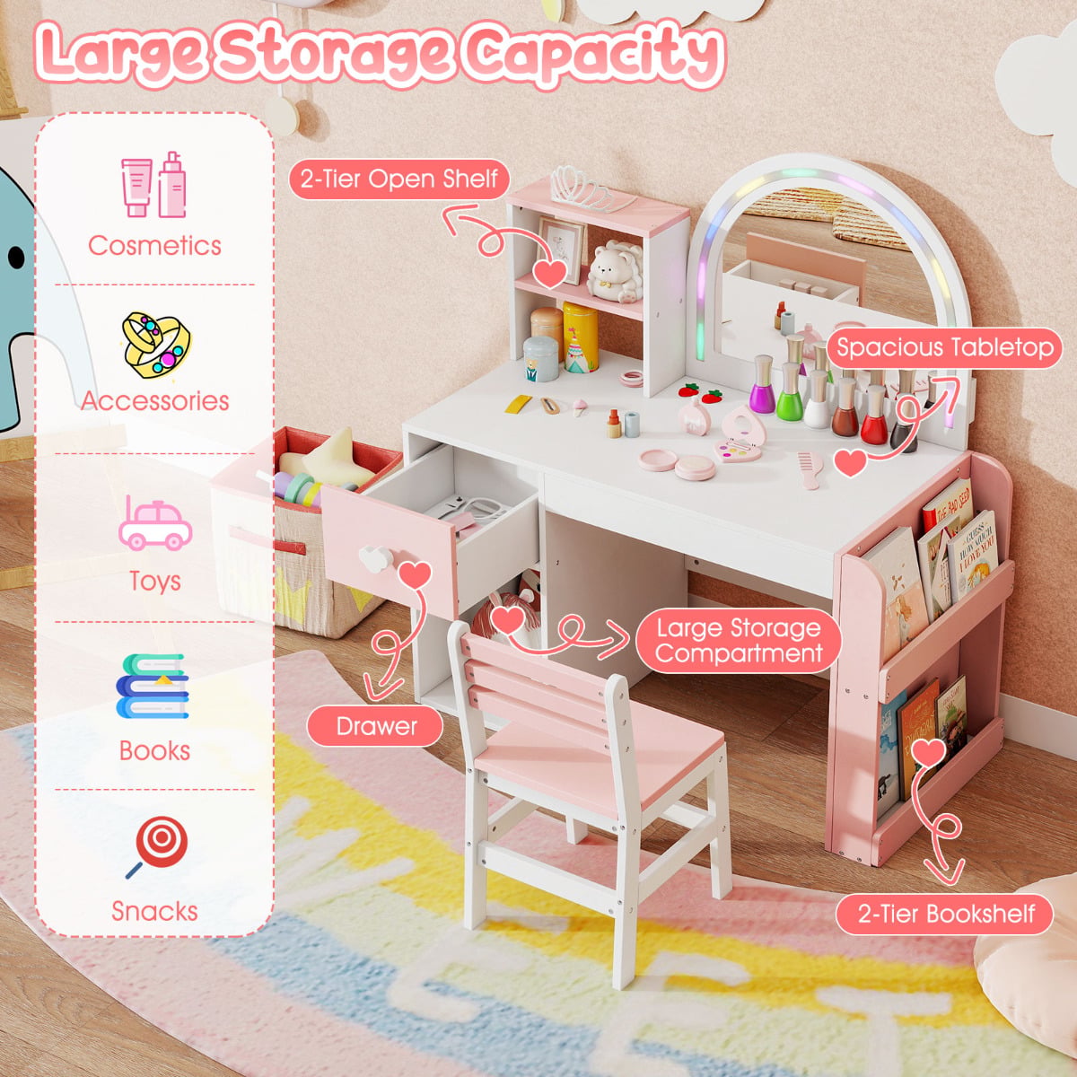 Kids Vanity Table and Chair Set with Lighted Mirror Open Storage Shelves-Pink & White
