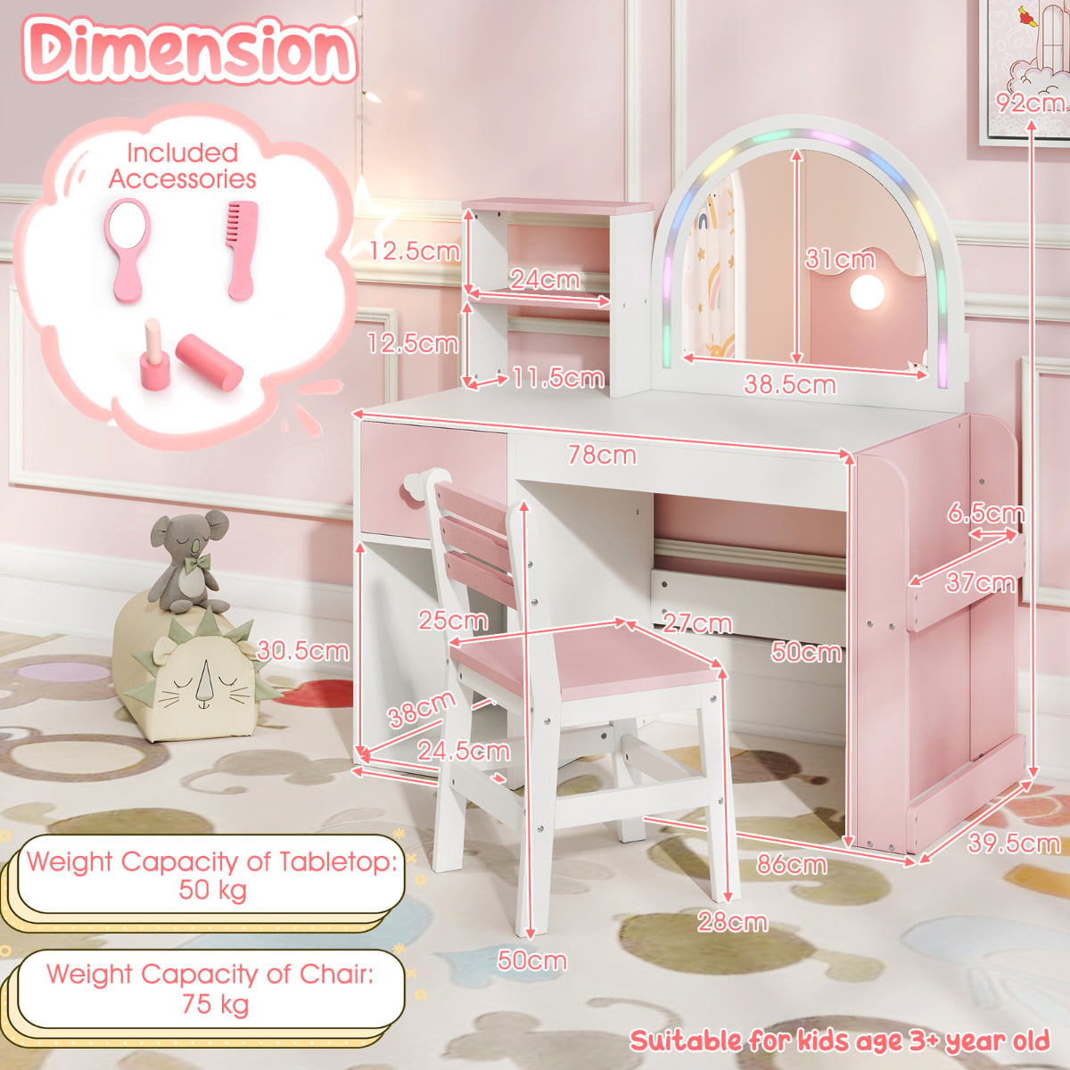 Kids Vanity Table and Chair Set with Lighted Mirror Open Storage Shelves-Pink & White