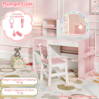 Kids Vanity Table and Chair Set with Lighted Mirror Open Storage Shelves-Pink & White
