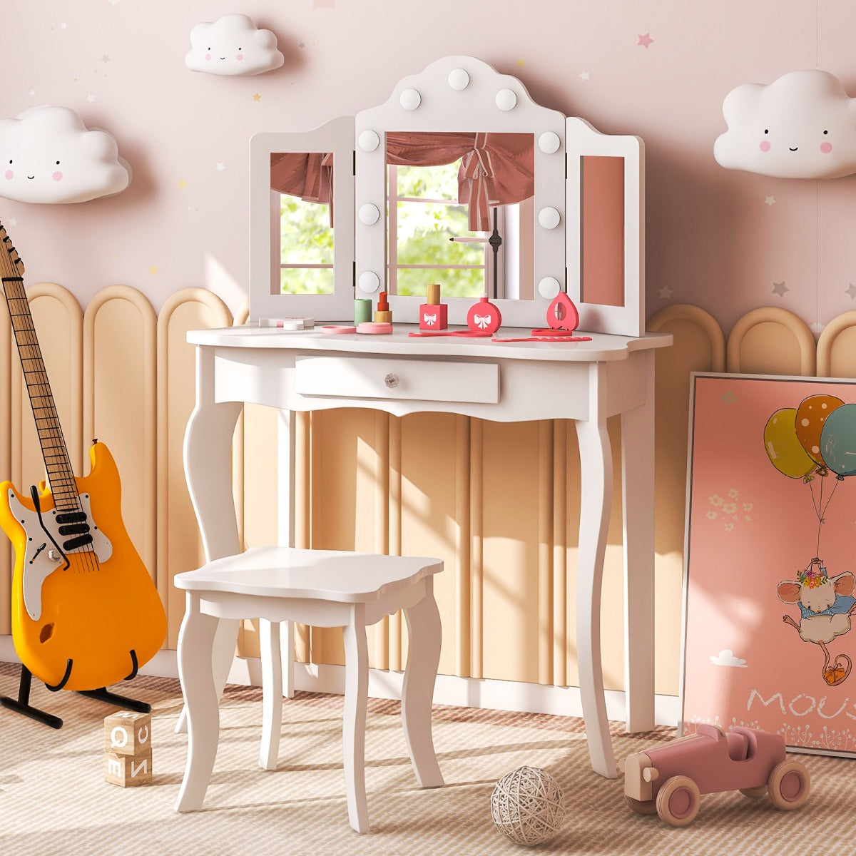 Kids Vanity Table and Stool Set with Real Glass Tri-Folding Mirror and Drawer-White