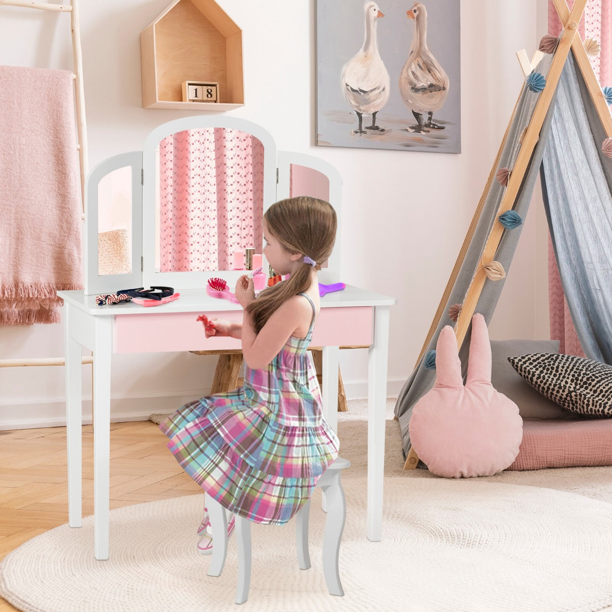 Kids Vanity Table and Stool Set Princess Makeup Dressing Table-White