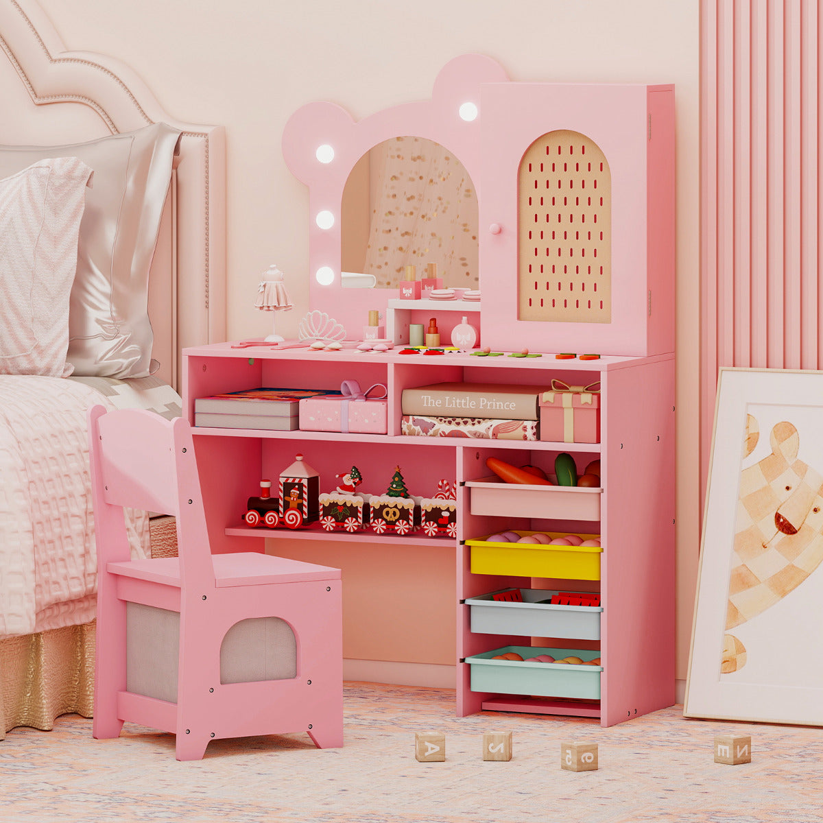 Kids Vanity with Lights Princess Vanity Table and Chair Set with 5 Drawers and 2 Compartments-Pink