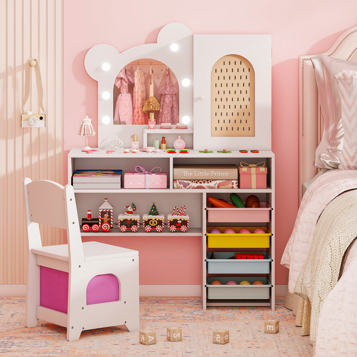 Kids Vanity with Lights Princess Vanity Table and Chair Set with 5 Drawers and 2 Compartments-White