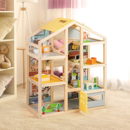 Kids Wooden Dollhouse with 7 Rooms and 18 Pcs Furniture Accessories-Yellow