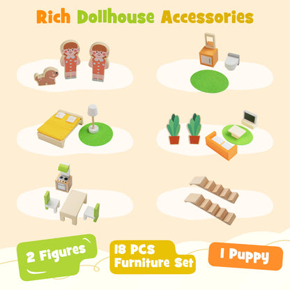 Kids Wooden Dollhouse with 7 Rooms and 18 Pcs Furniture Accessories-Yellow