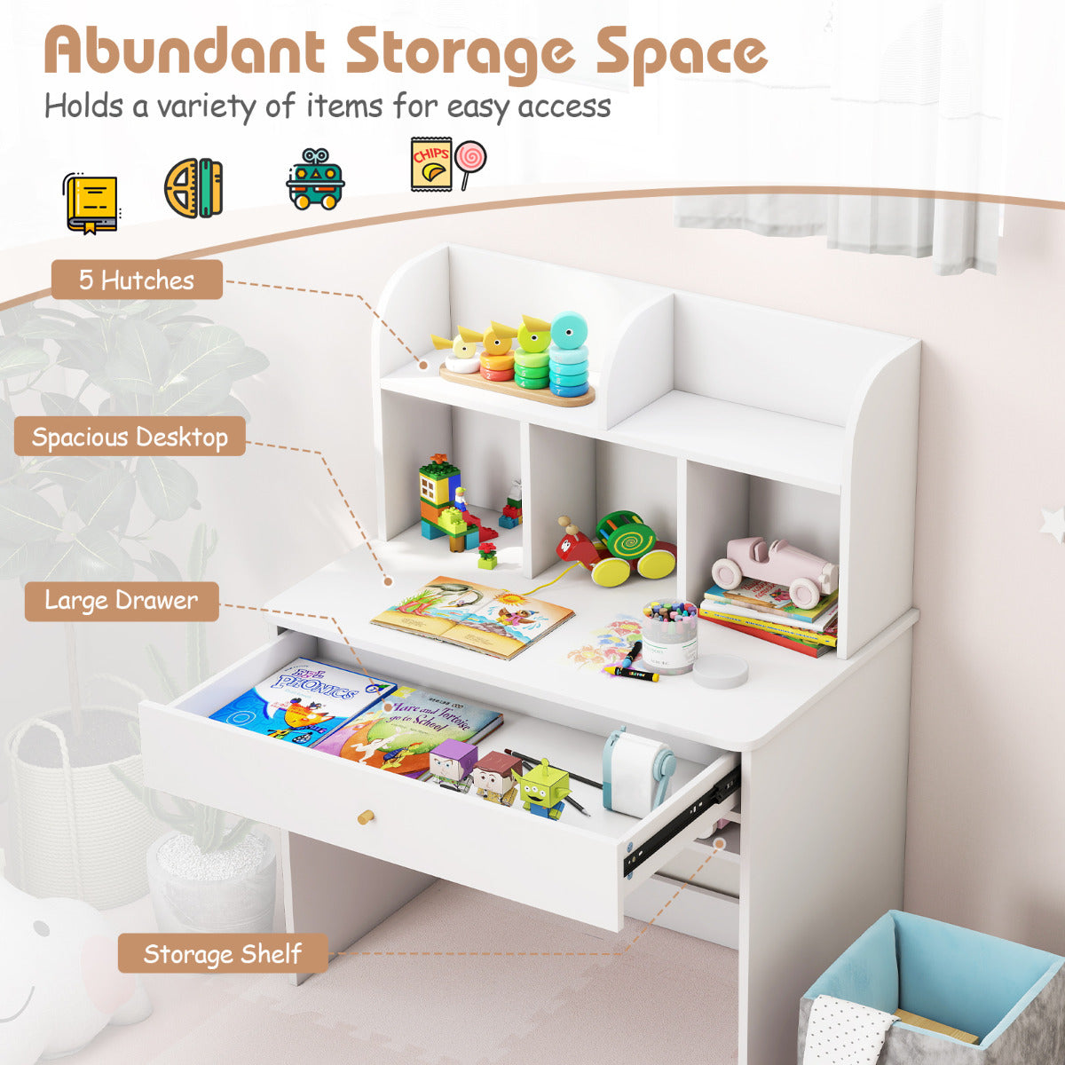 Kids Wooden Study Desk with Drawer and Storage Shelf-White