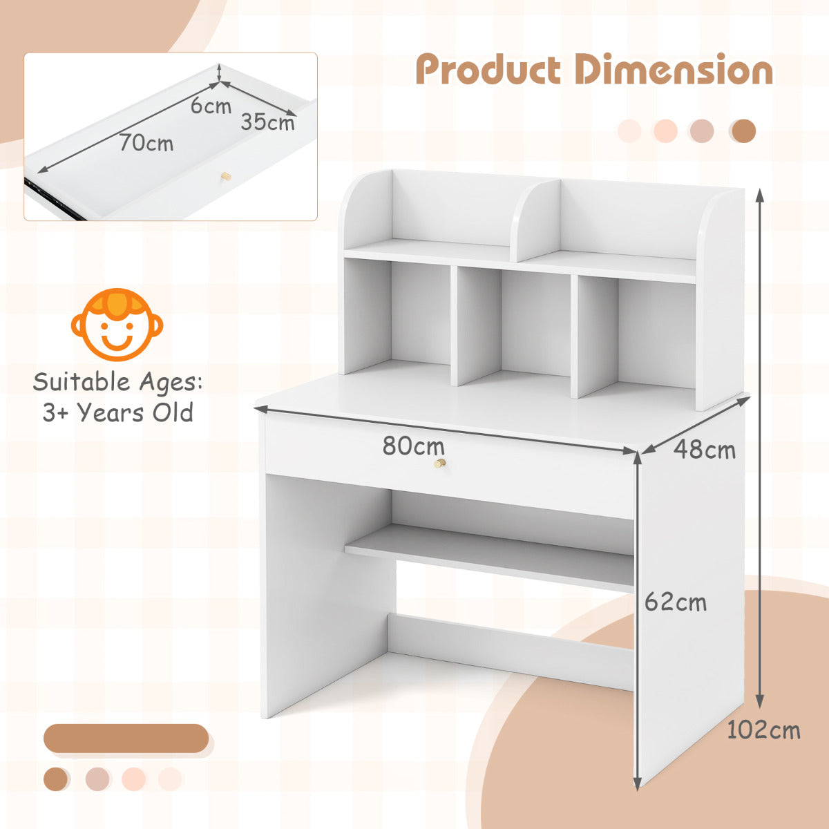 Kids Wooden Study Desk with Drawer and Storage Shelf-White