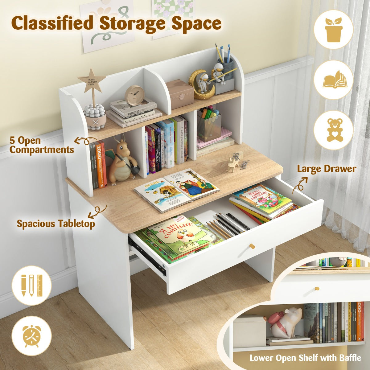 Kids Wooden Study Desk with Hutch and Drawer