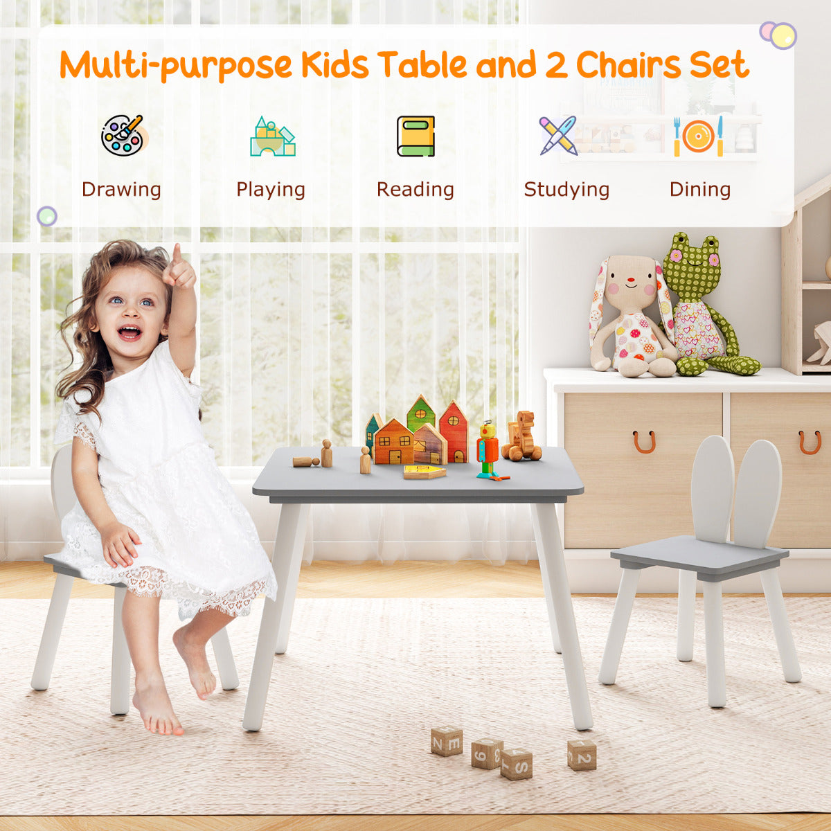Kids Wooden Table and Rabbit Chairs Set with Space-Saving Structure-Grey