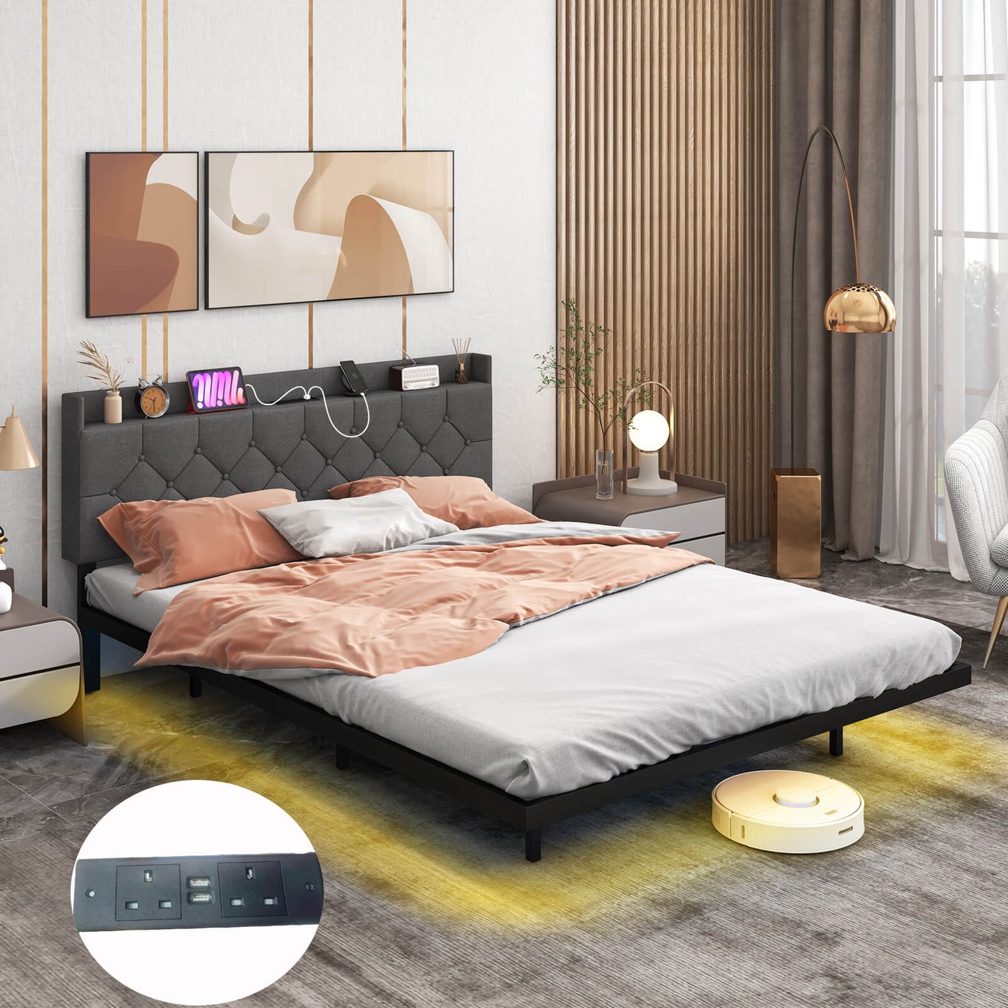 Double/King Size Floating Bed Frame with Adjustable Headboard and Charging Station-Grey-King Size