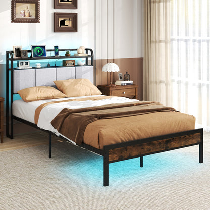 King Size Bed Frame with LED Light and Charging Station-Double Size