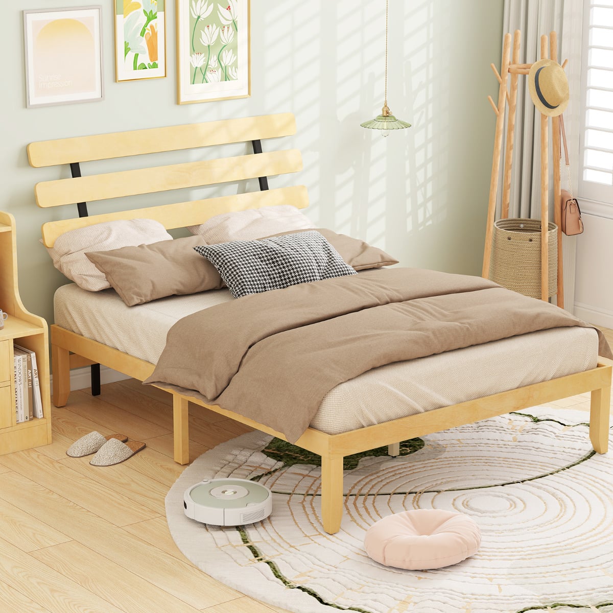 Solid Wood Platform Bed with Retro Headboard Slats Support Mattress Foundation-Natural-King Size