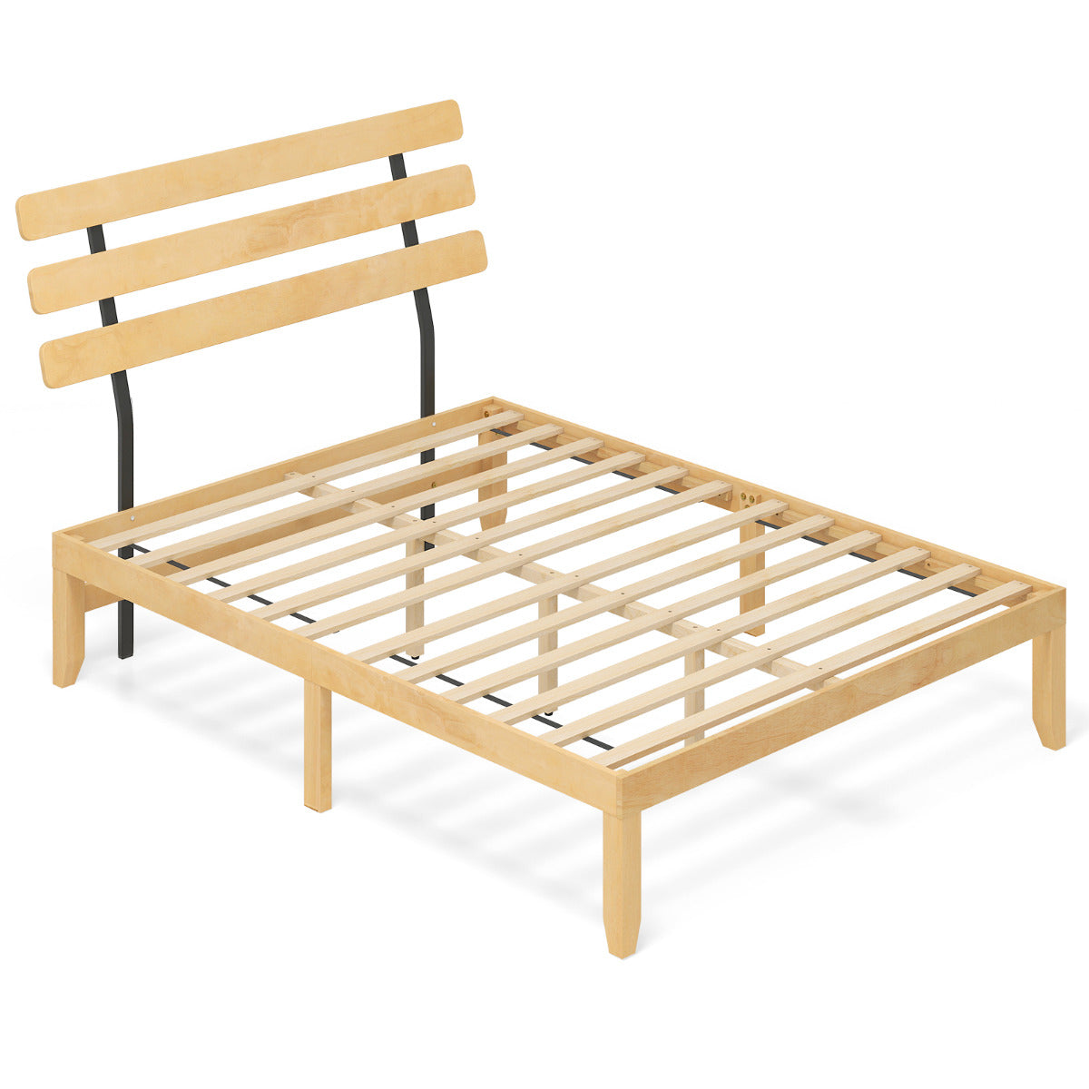Solid Wood Platform Bed with Retro Headboard Slats Support Mattress Foundation-Natural-King Size