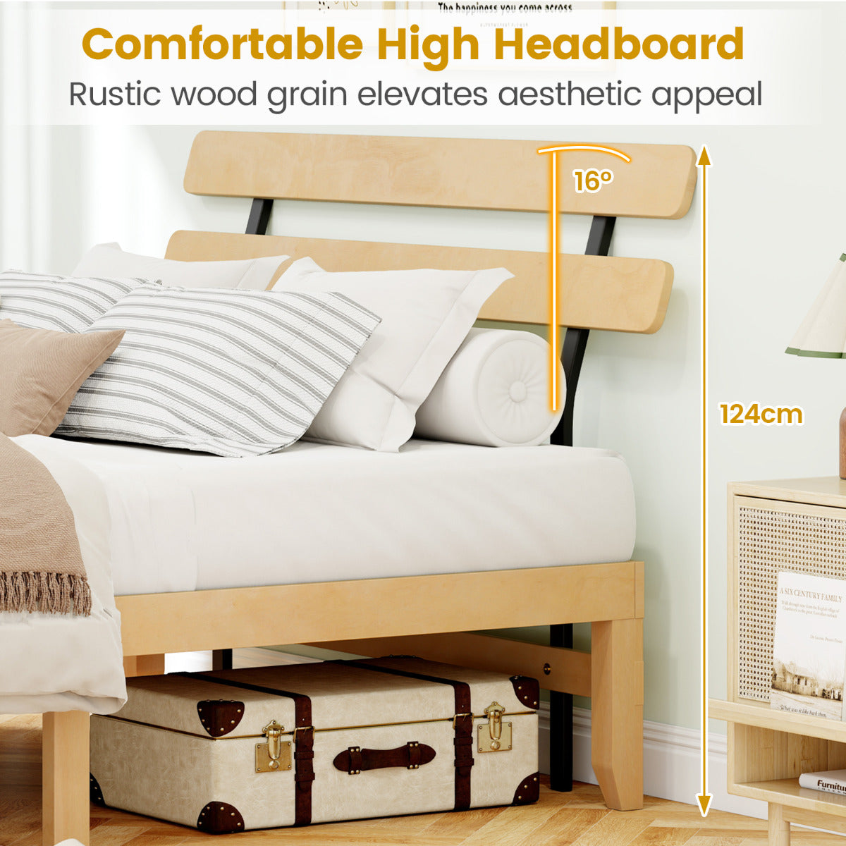 Solid Wood Platform Bed with Retro Headboard Slats Support Mattress Foundation-Natural-King Size