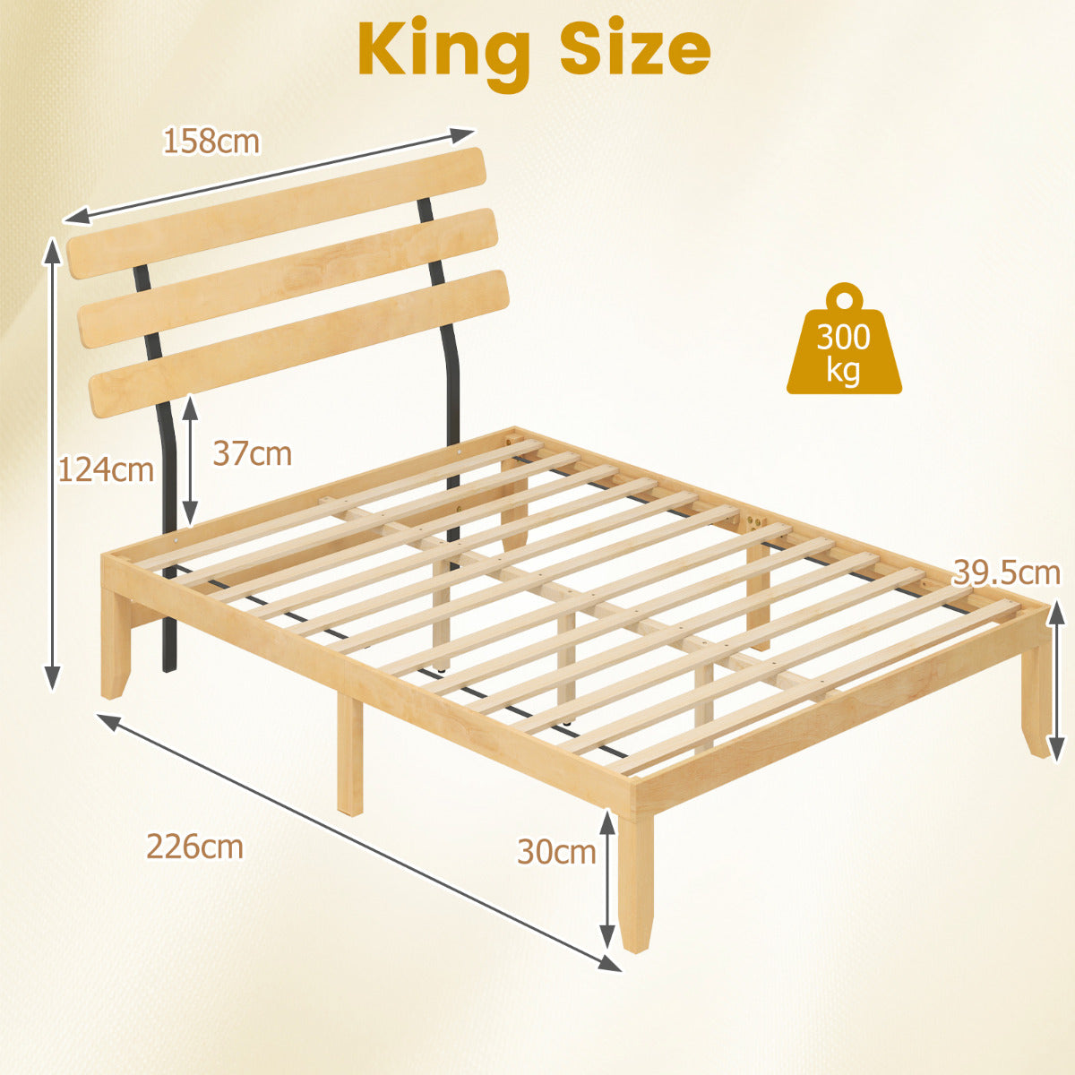 Solid Wood Platform Bed with Retro Headboard Slats Support Mattress Foundation-Natural-King Size