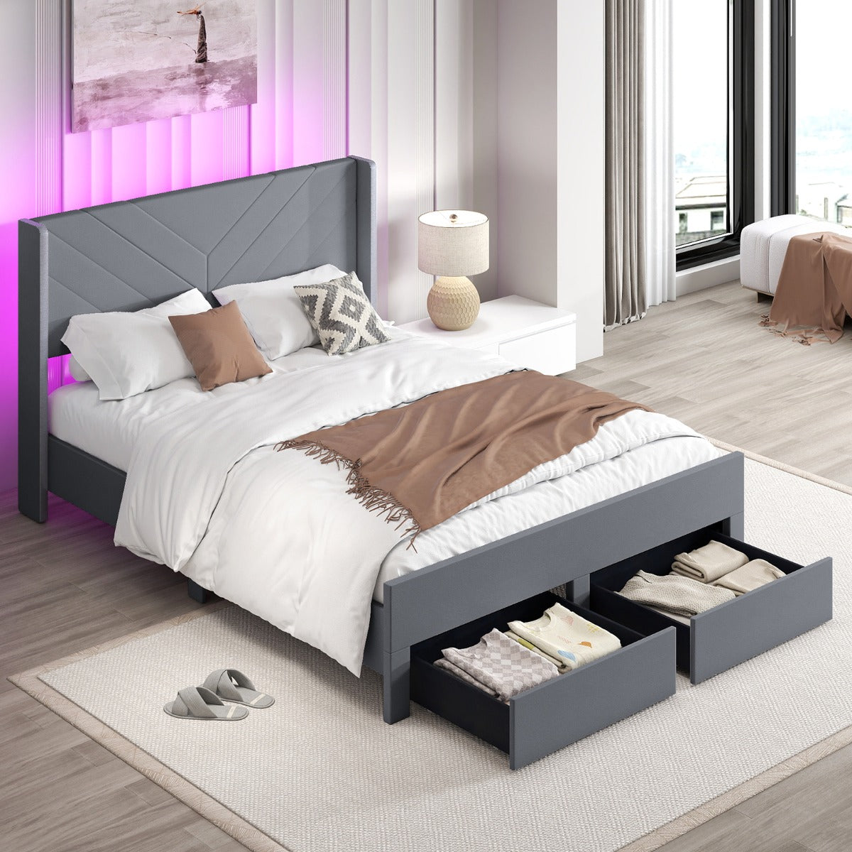 King Size Bed Frame with LED Lights Dutch Velvet Upholstered Platform Bed-Grey
