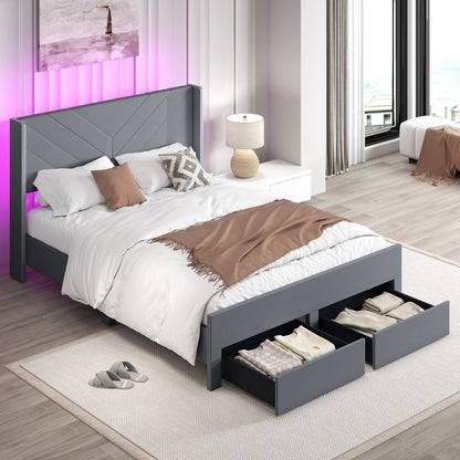 King Size Bed Frame with LED Lights Dutch Velvet Upholstered Platform Bed-Grey