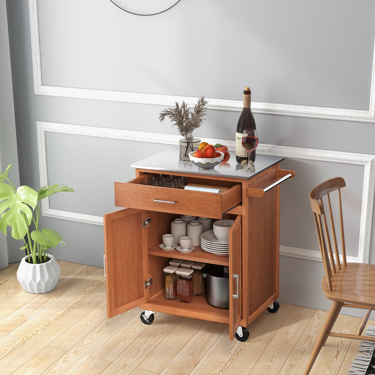 Kitchen Trolley with Stainless Steel Countertop and 3-Position Adjustable Shelf