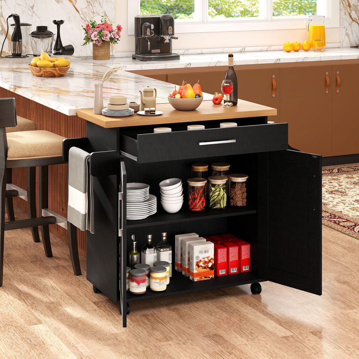 Kitchen Island Cart with Storage and Adjustable Shelf-Black