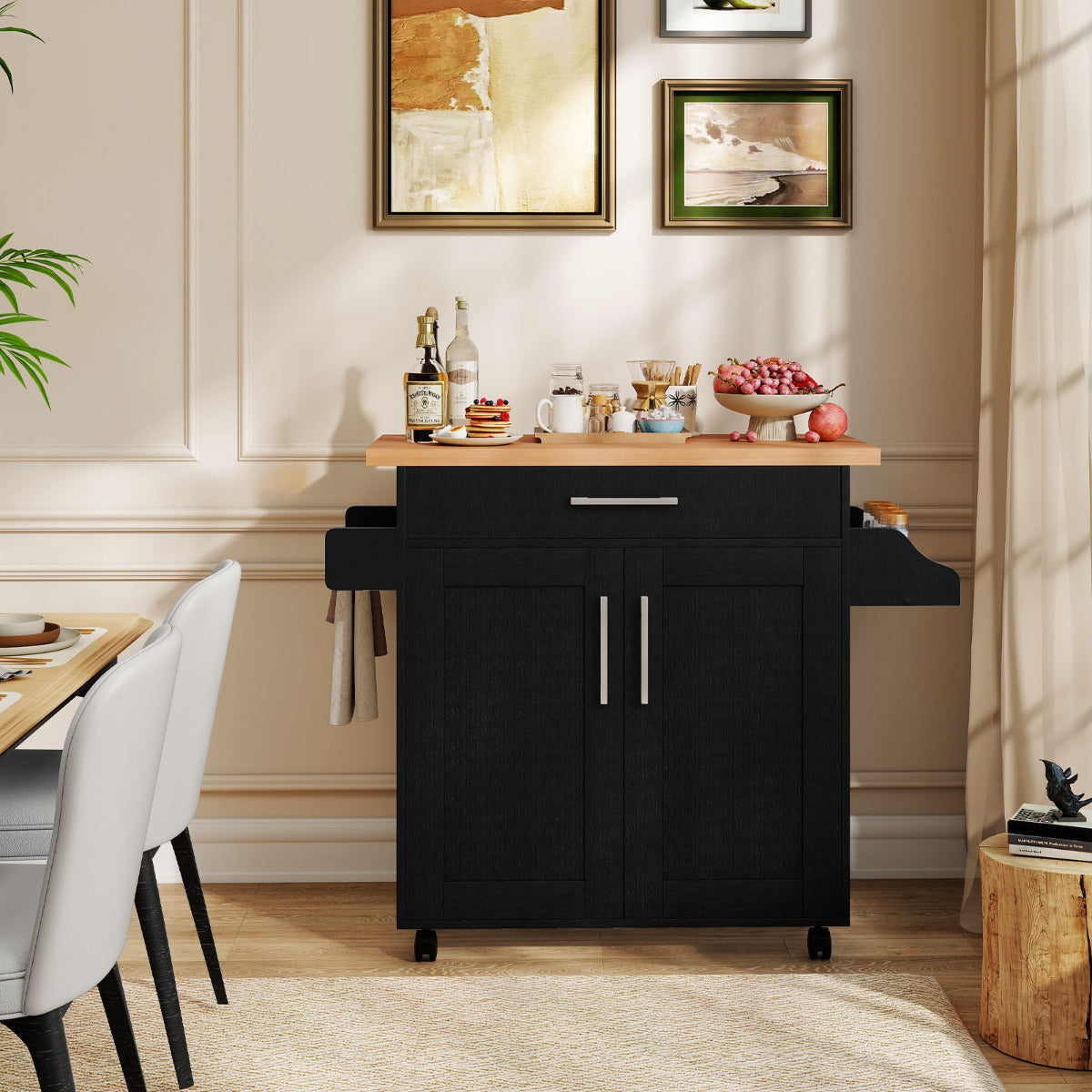Kitchen Island Cart with Storage and Adjustable Shelf-Black
