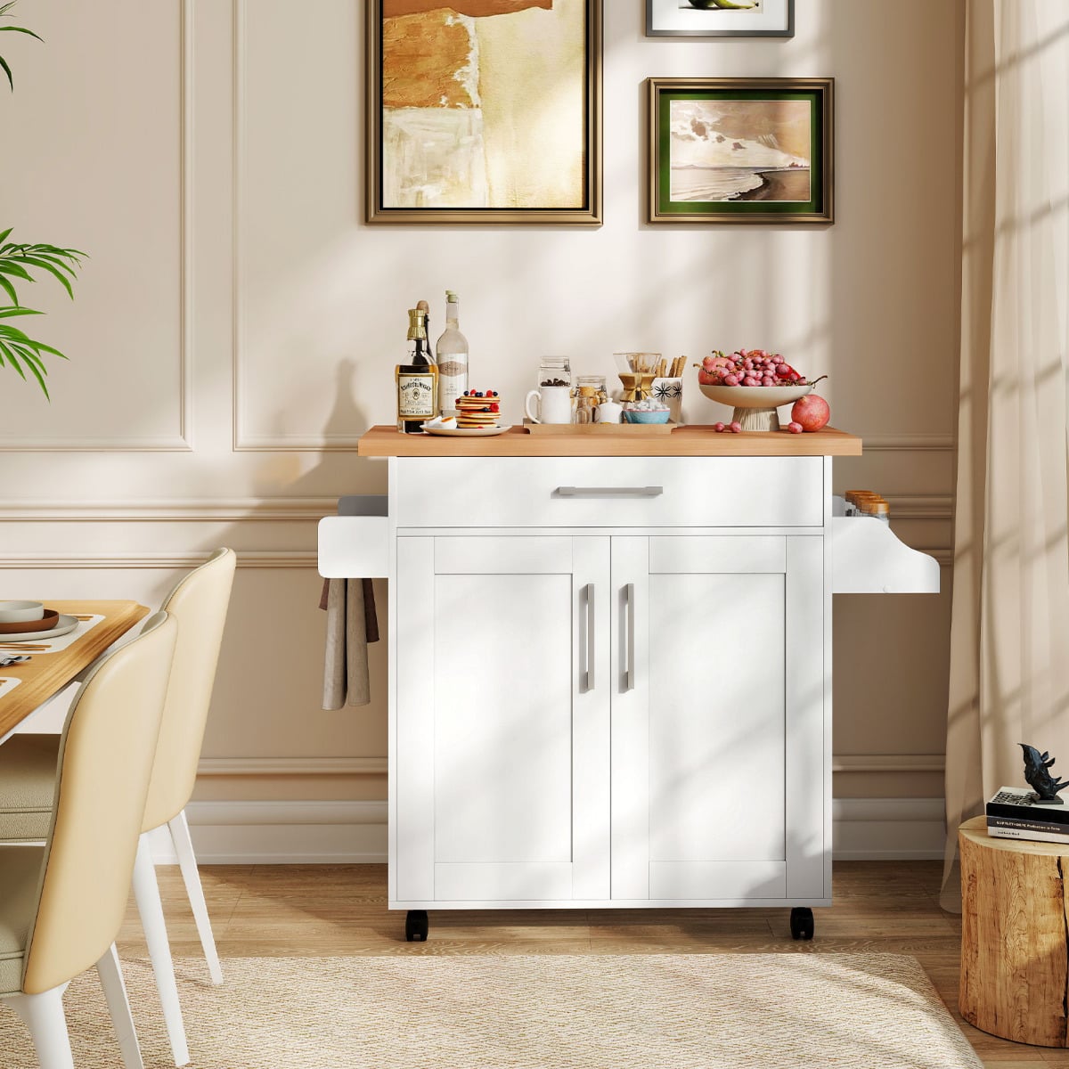 Kitchen Island Cart with Storage and Adjustable Shelf-White