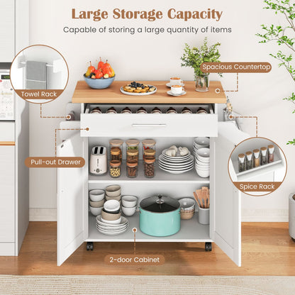 Kitchen Island Cart with Storage and Adjustable Shelf-White