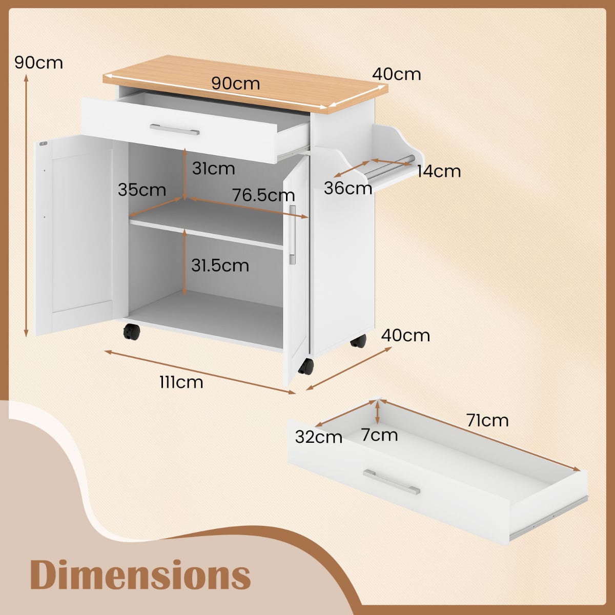 Kitchen Island Cart with Storage and Adjustable Shelf-White