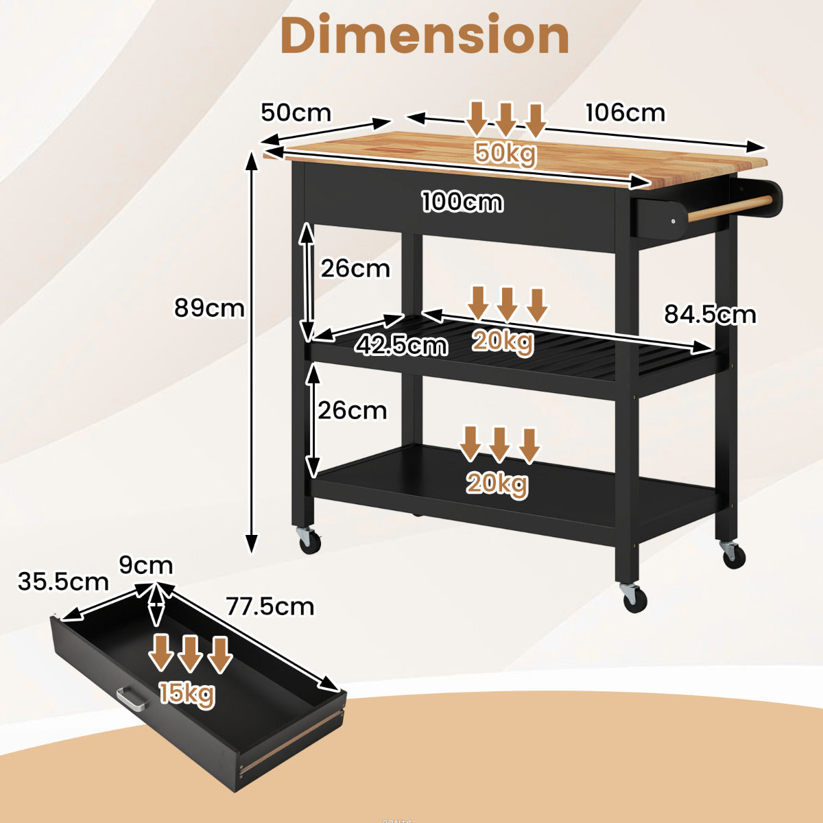 Kitchen Island with Open Shelves and Lockable Casters-Black